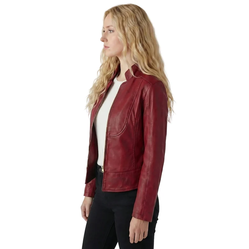 Vance Leathers Ladies Premium Soft Lightweight Burgundy Fitted Motorcycle Leather Jacket