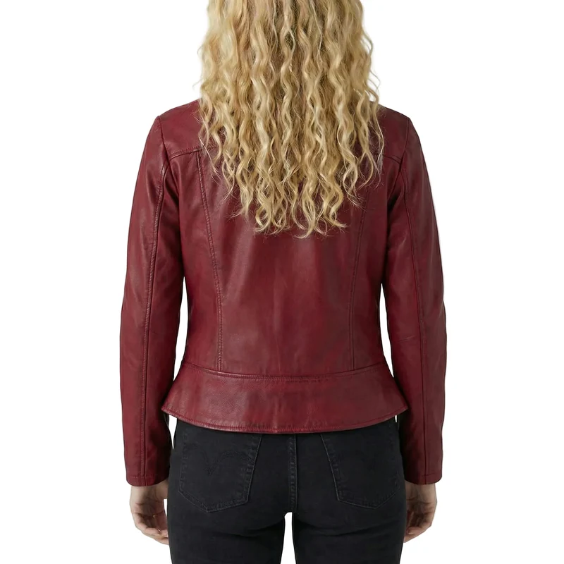 Vance Leathers Ladies Premium Soft Lightweight Burgundy Fitted Motorcycle Leather Jacket