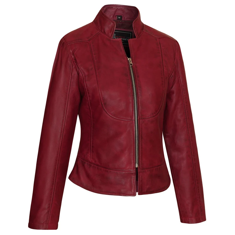 Vance Leathers Ladies Premium Soft Lightweight Burgundy Fitted Motorcycle Leather Jacket