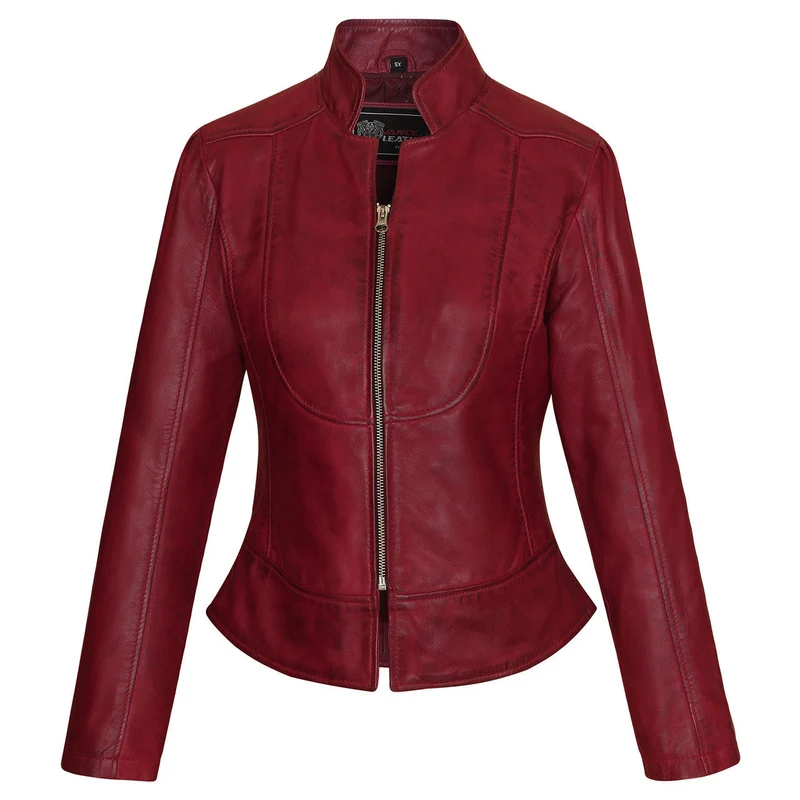 Vance Leathers Ladies Premium Soft Lightweight Burgundy Fitted Motorcycle Leather Jacket