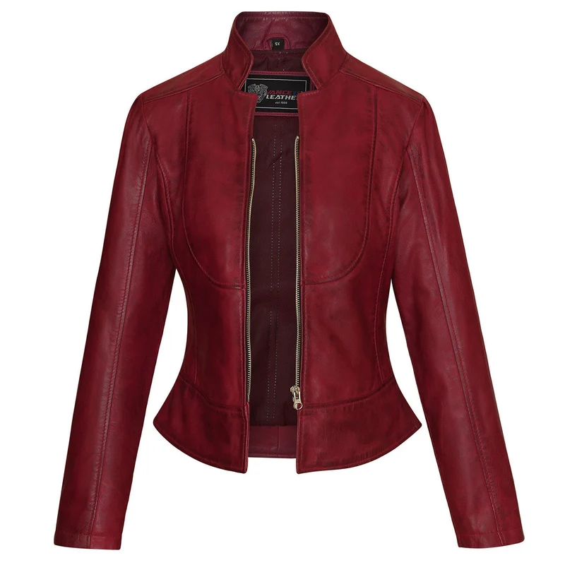 Vance Leathers Ladies Premium Soft Lightweight Burgundy Fitted Motorcycle Leather Jacket