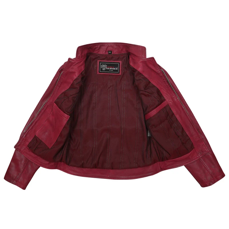 Vance Leathers Ladies Premium Soft Lightweight Burgundy Fitted Motorcycle Leather Jacket