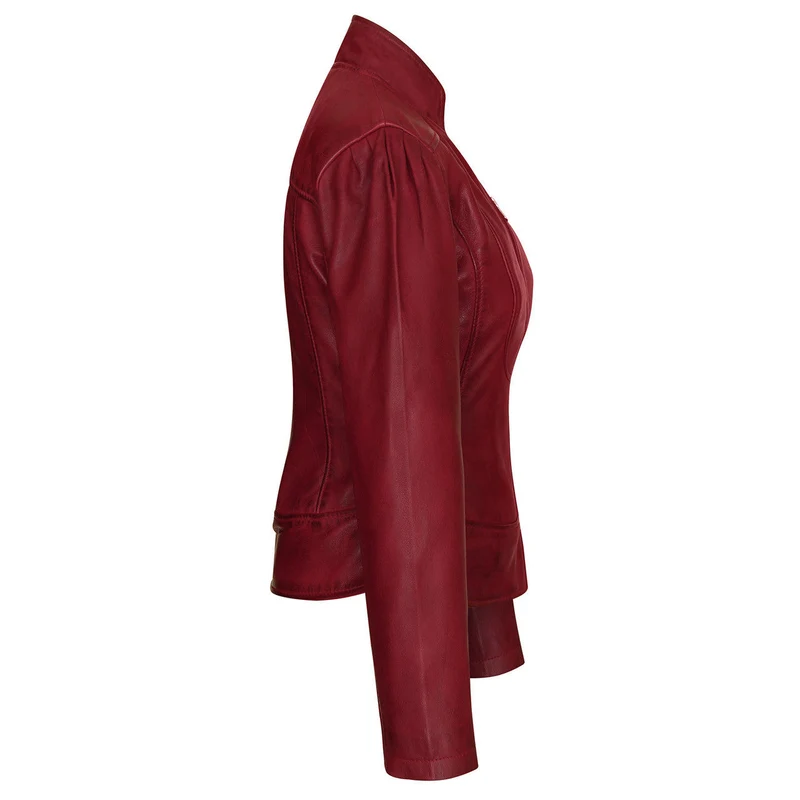 Vance Leathers Ladies Premium Soft Lightweight Burgundy Fitted Motorcycle Leather Jacket