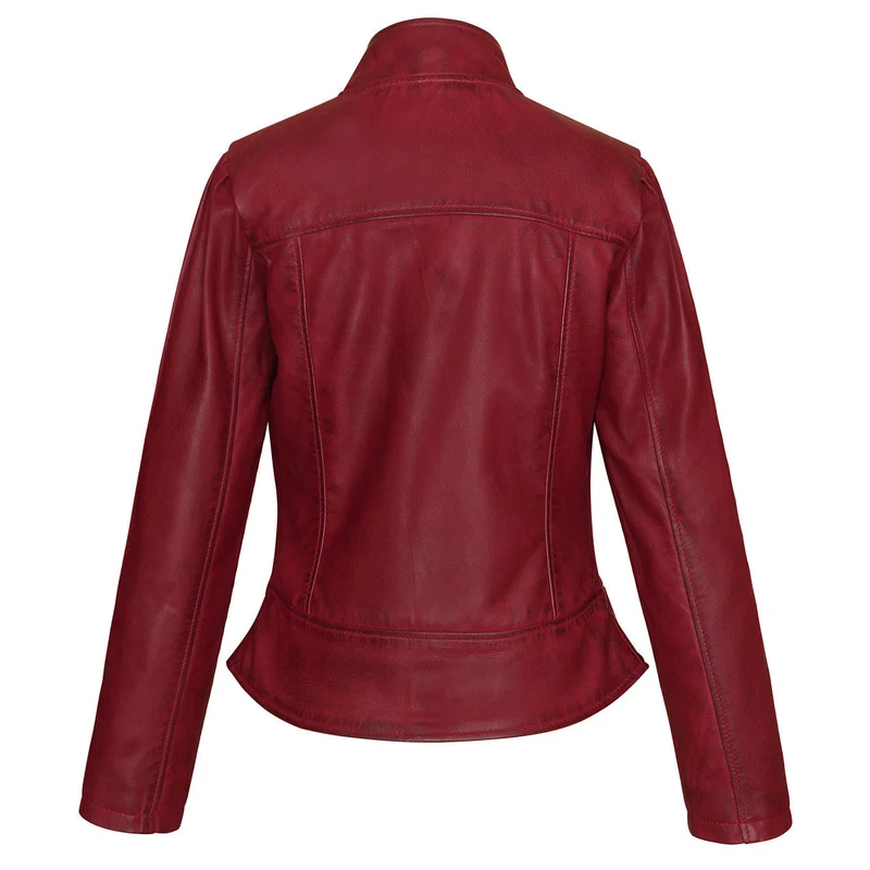 Vance Leathers Ladies Premium Soft Lightweight Burgundy Fitted Motorcycle Leather Jacket