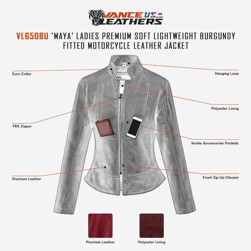 Vance Leathers Ladies Premium Soft Lightweight Burgundy Fitted Motorcycle Leather Jacket