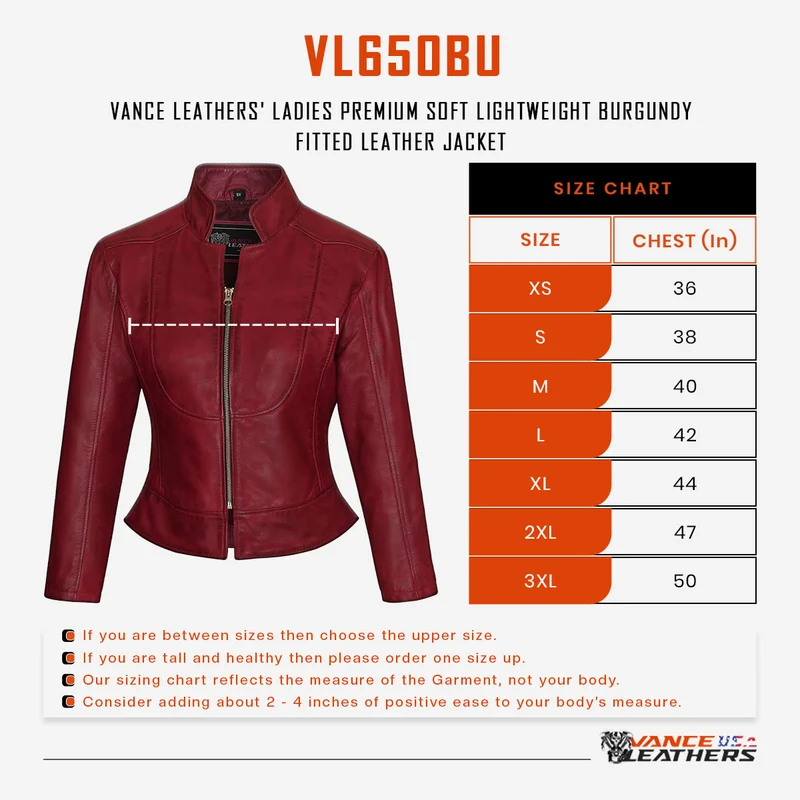 Vance Leathers Ladies Premium Soft Lightweight Burgundy Fitted Motorcycle Leather Jacket