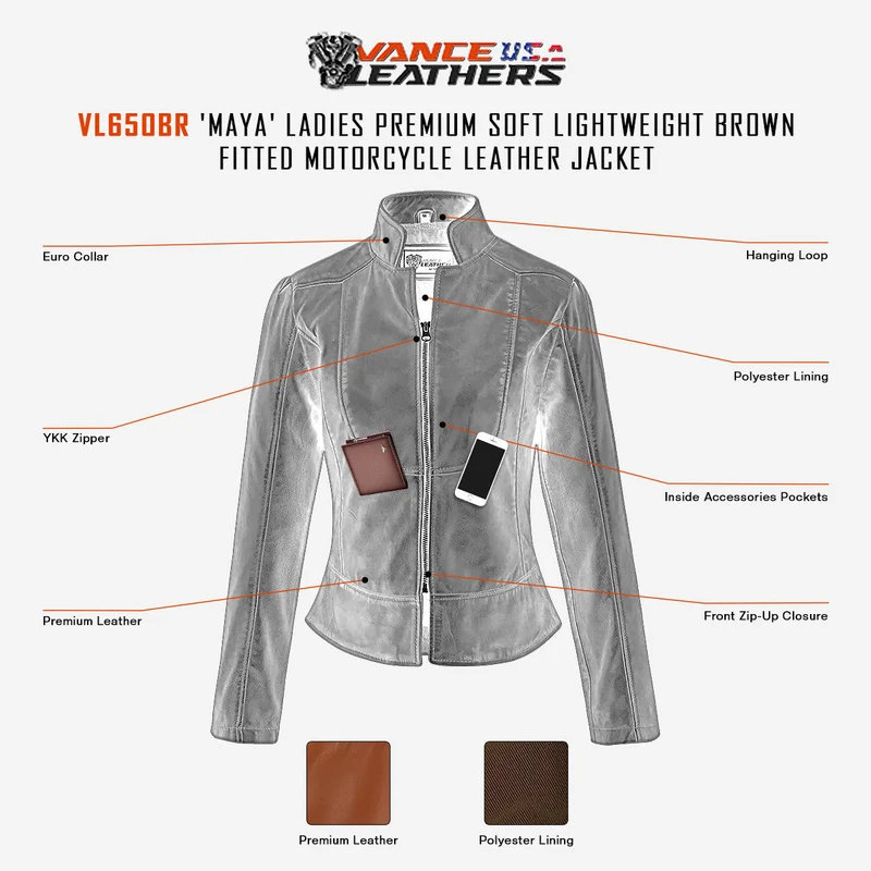 Vance Leathers Ladies Premium Soft Lightweight Brown Fitted Motorcycle Leather Jacket