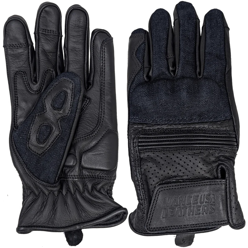 Vance Denim & Leather Motorcycle Gloves (Black) with Touchscreen Capability