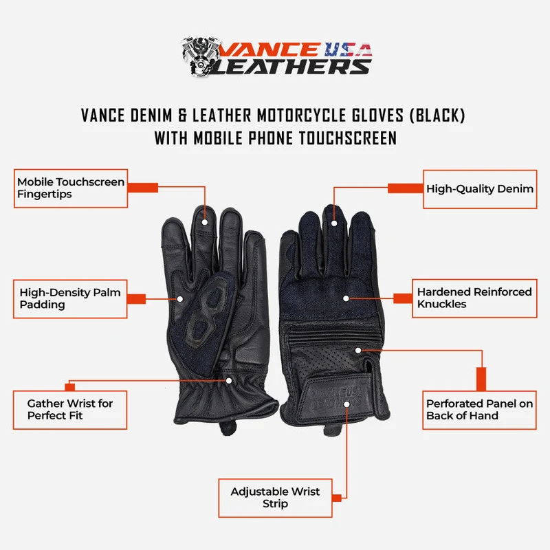 Vance Denim & Leather Motorcycle Gloves (Black) with Touchscreen Capability