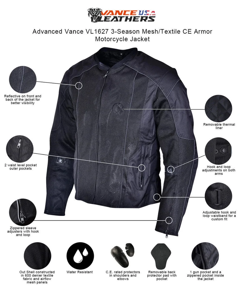 Vance Mens Black Advanced 3-Season Mesh/Textile CE Armor Motorcycle Jacket