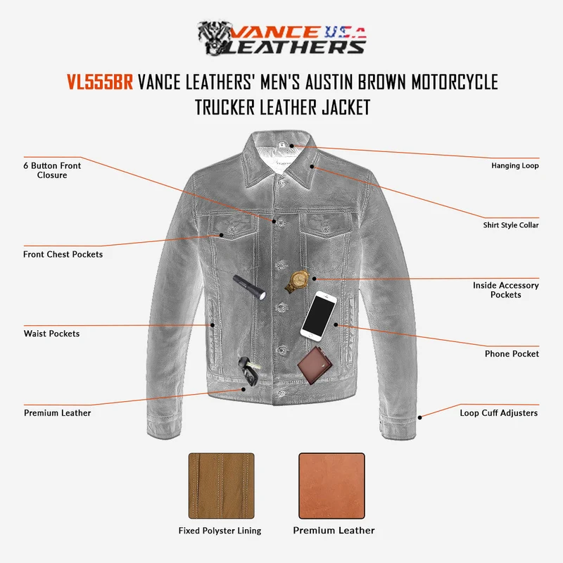 Vance Leathers' Mens Austin Brown Premium Classic Motorcycle Trucker Leather Jacket