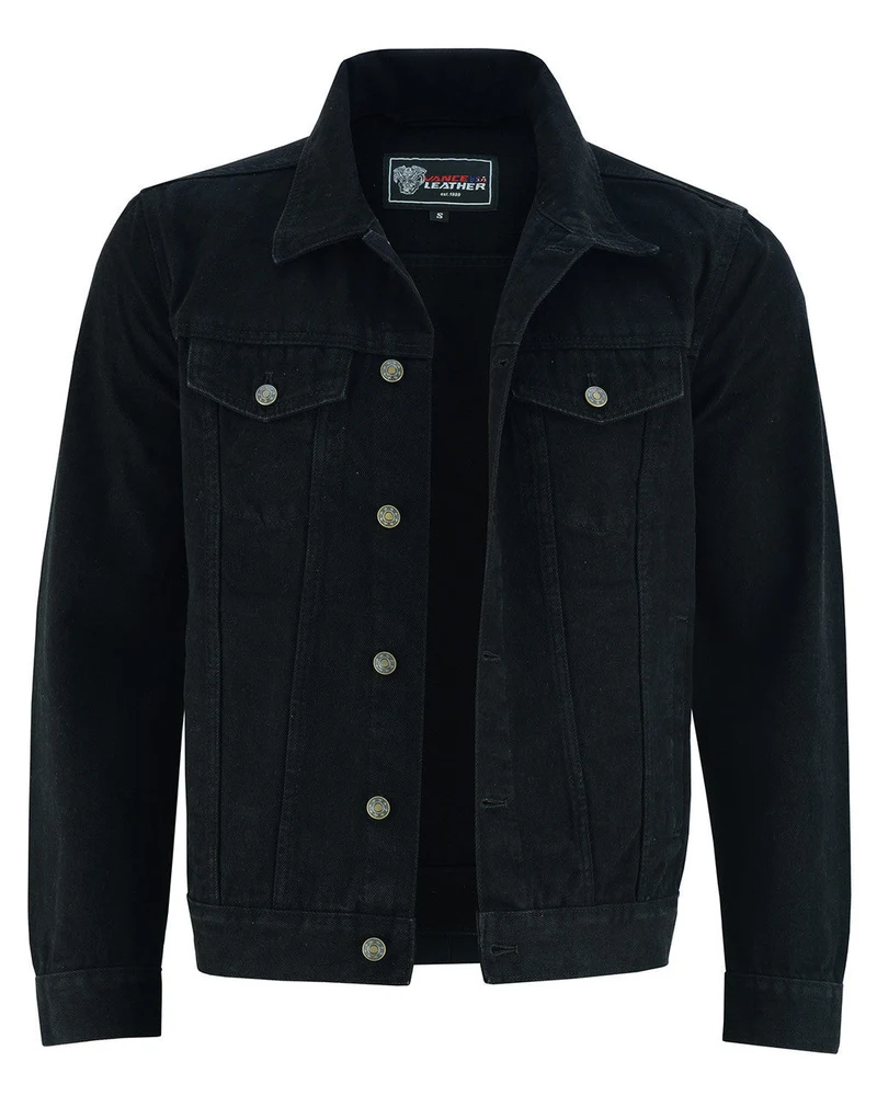 Vance Mens Black Heavy Duty Denim Button Front Motorcycle Jacket, Jean Jacket for Men