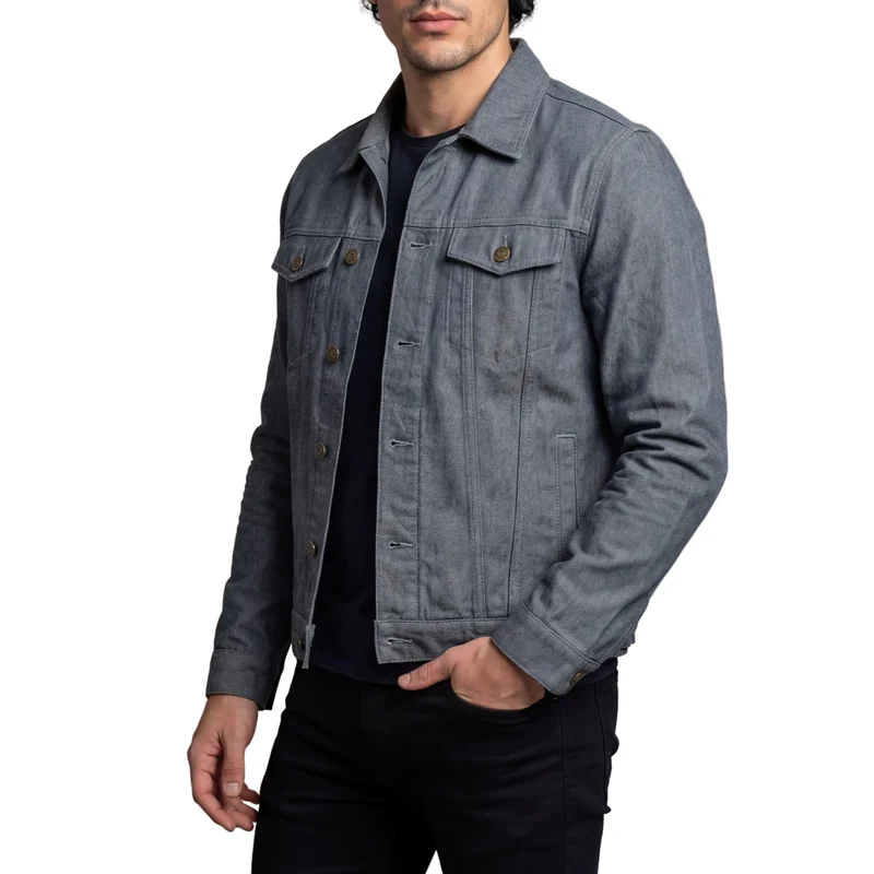 Vance Mens Grey Heavy Duty Denim Button Front Motorcycle Jacket, Jean Jacket for Men