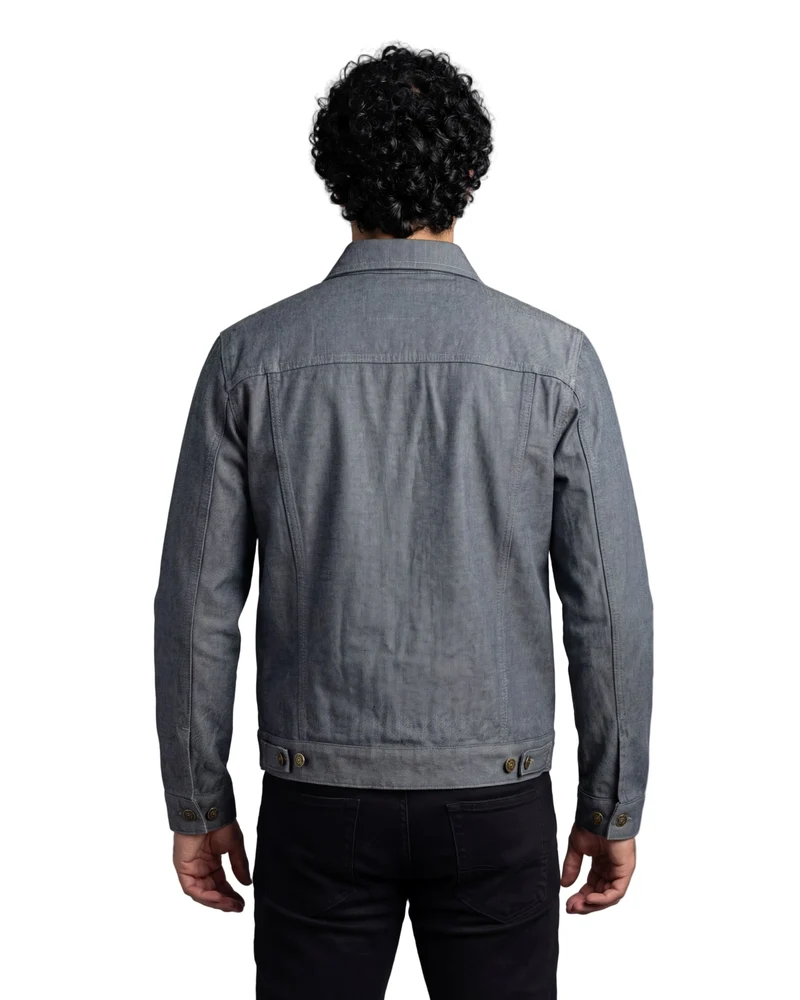 Vance Mens Grey Heavy Duty Denim Button Front Motorcycle Jacket, Jean Jacket for Men