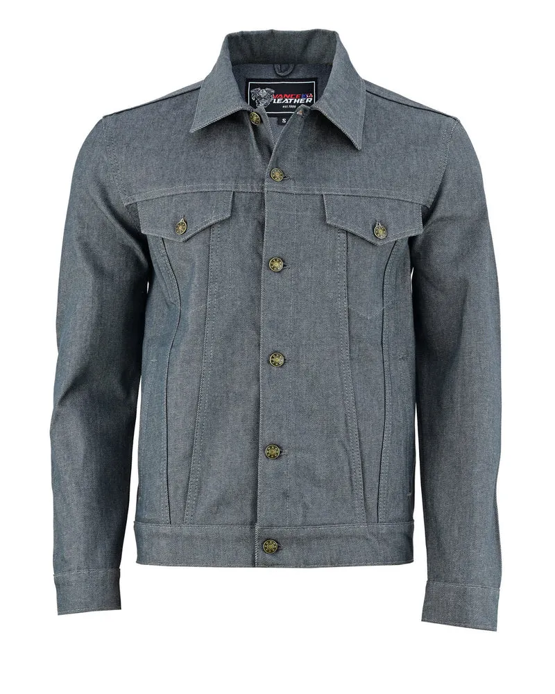 Vance Mens Grey Heavy Duty Denim Button Front Motorcycle Jacket, Jean Jacket for Men