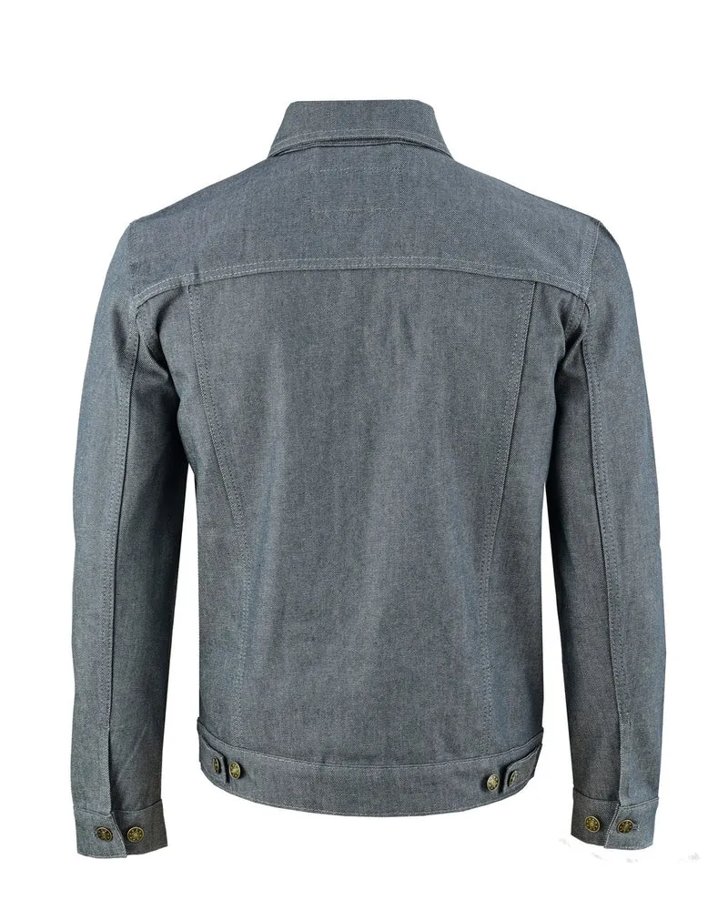 Vance Mens Grey Heavy Duty Denim Button Front Motorcycle Jacket, Jean Jacket for Men