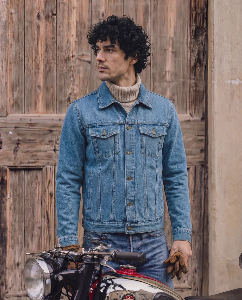 Vance Men's Light Blue Heavy Duty Denim Button Front Motorcycle Jacket, Jean Jacket for Men