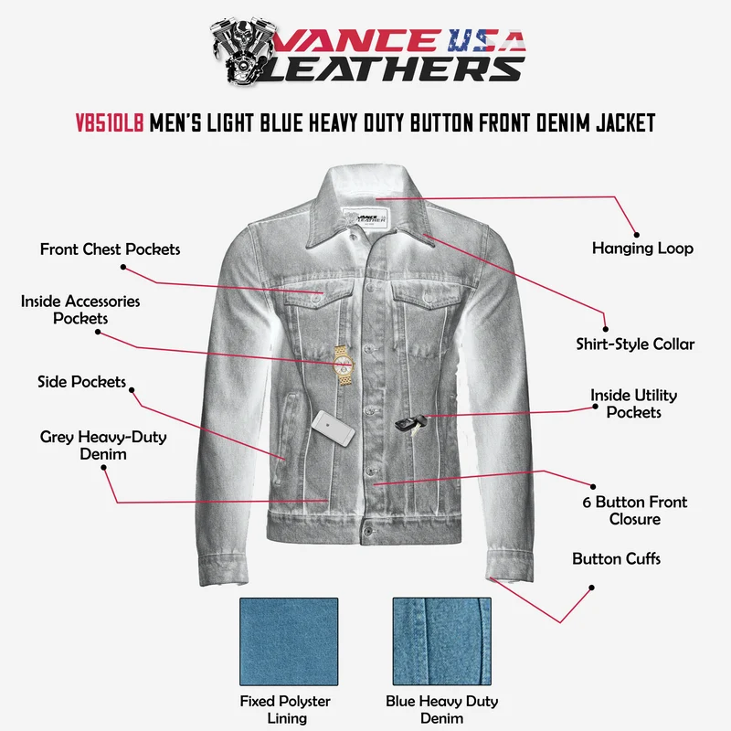 Vance Men's Light Blue Heavy Duty Denim Button Front Motorcycle Jacket, Jean Jacket for Men