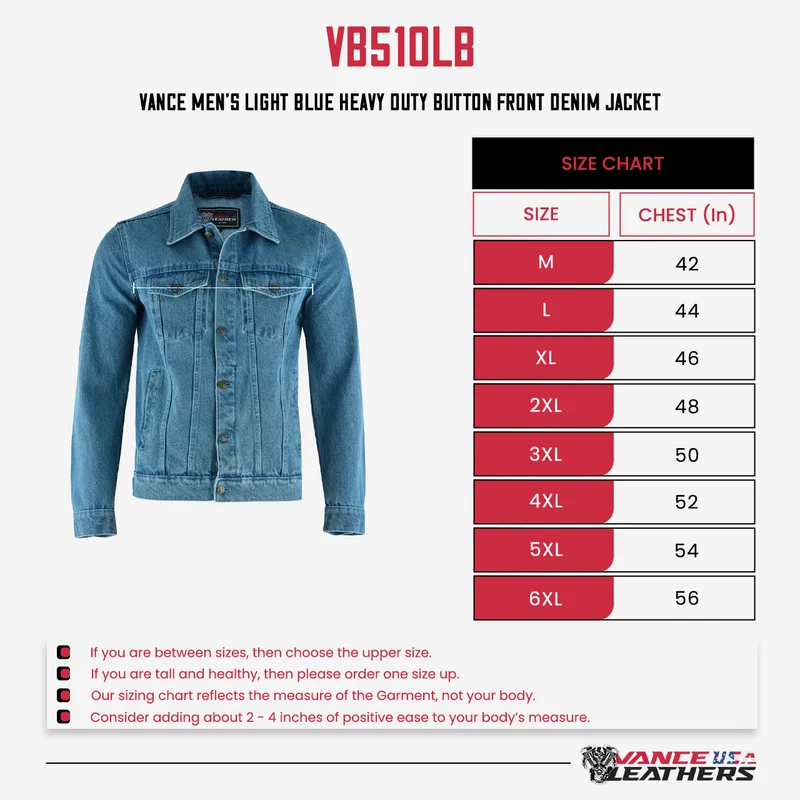 Vance Men's Light Blue Heavy Duty Denim Button Front Motorcycle Jacket, Jean Jacket for Men