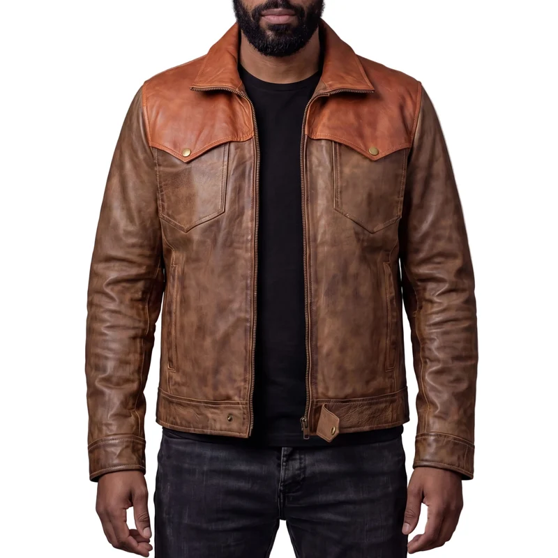 Men's Western Waxed Two-Tone Austin Brown Leather Jacket
