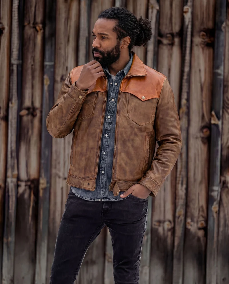 Men's Western Waxed Two-Tone Austin Brown Leather Jacket