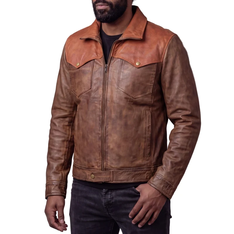 Men's Western Waxed Two-Tone Austin Brown Leather Jacket