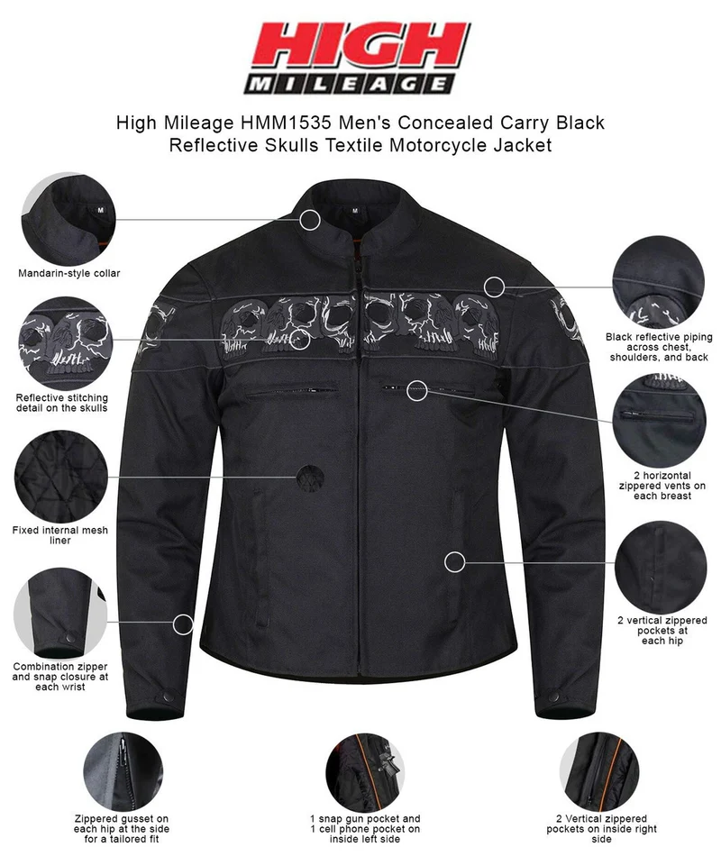 High Mileage Men's Black Reflective Skulls Textile Motorcycle Jacket w CCW Pocket