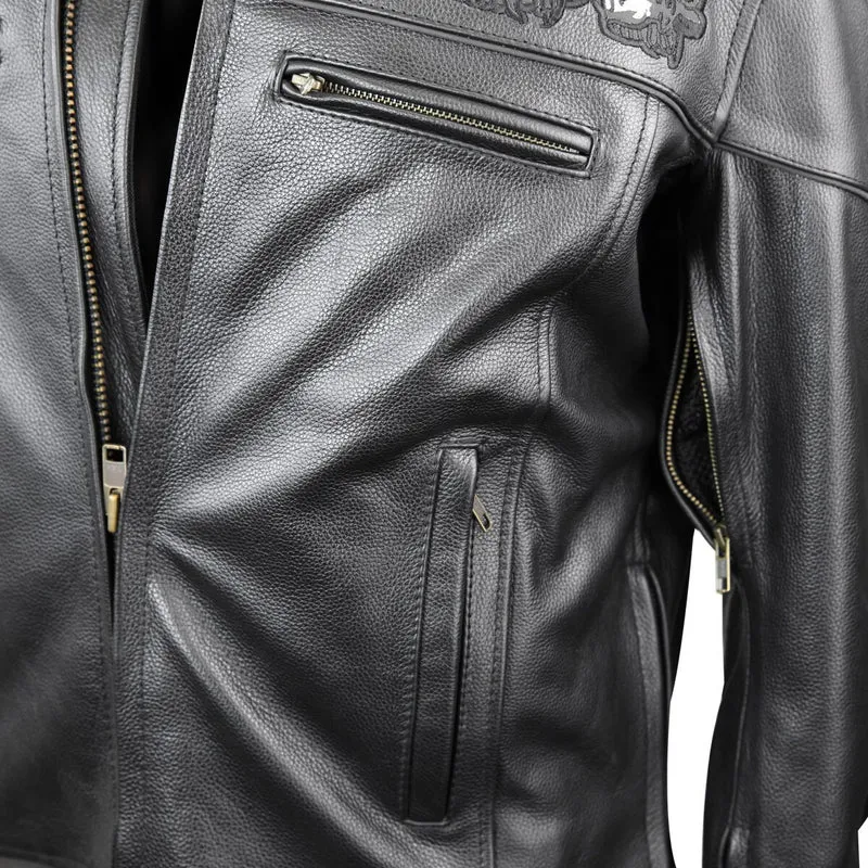 Premium Cowhide Leather Motorcycle Jacket With Reflective Skull