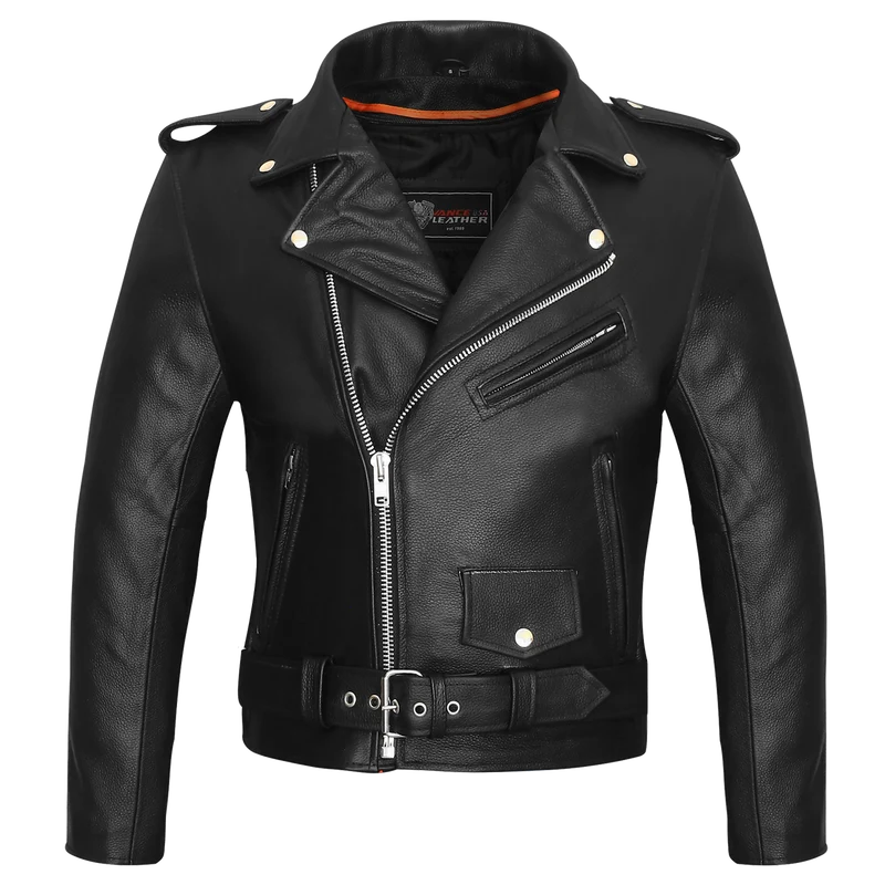 Vance Classic Police Style Black Leather Motorcycle Jacket with Quilted Liner