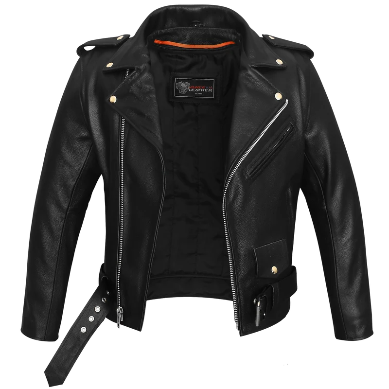 Vance Classic Police Style Black Leather Motorcycle Jacket with Quilted Liner