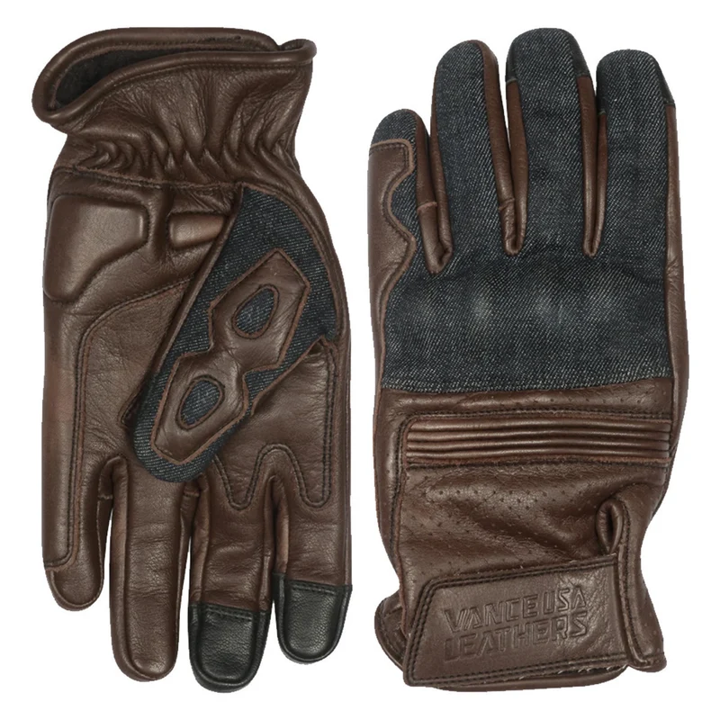 Vance Denim & Leather Motorcycle Gloves (Brown) with Touchscreen Capability