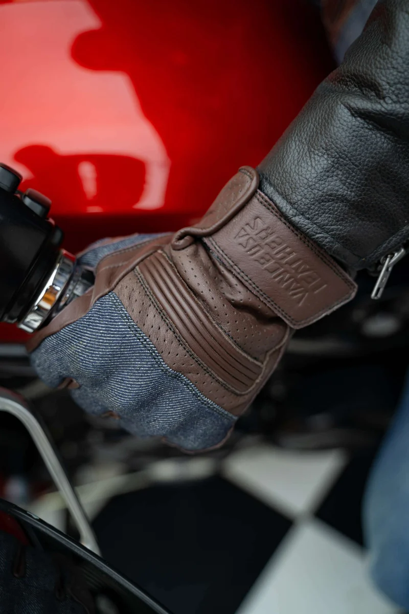 Vance Denim & Leather Motorcycle Gloves (Brown) with Touchscreen Capability