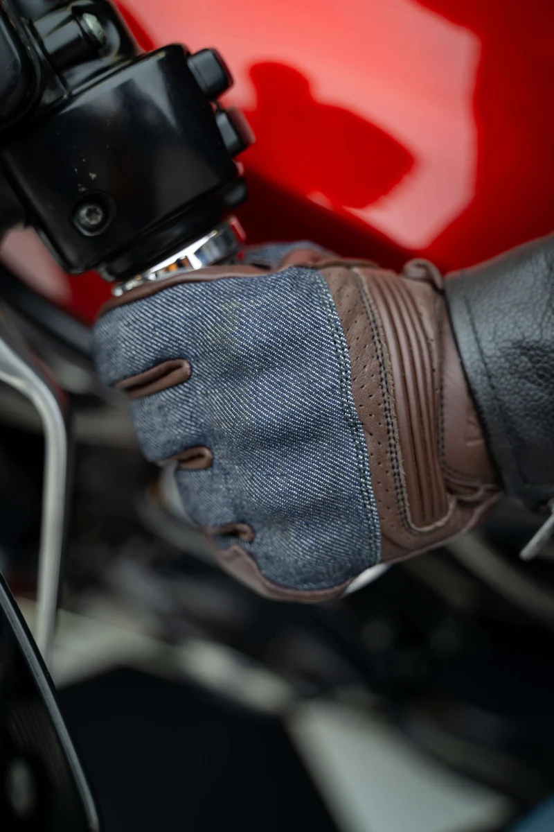 Vance Denim & Leather Motorcycle Gloves (Brown) with Touchscreen Capability