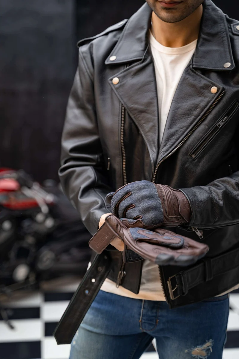 Vance Denim & Leather Motorcycle Gloves (Brown) with Touchscreen Capability