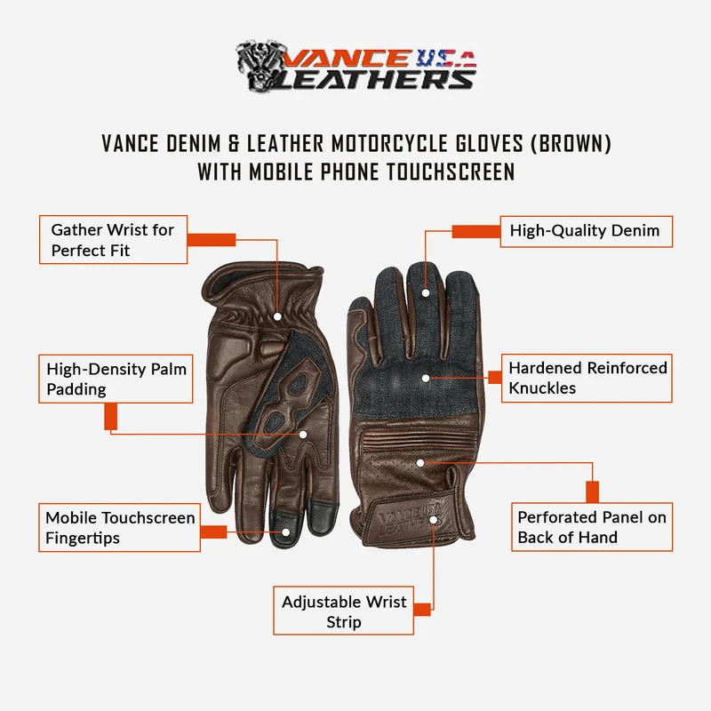 Vance Denim & Leather Motorcycle Gloves (Brown) with Touchscreen Capability