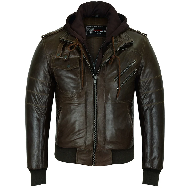 Vance Leather Mens Vincent Brown Waxed Premium Cowhide Motorcycle Leather Jacket