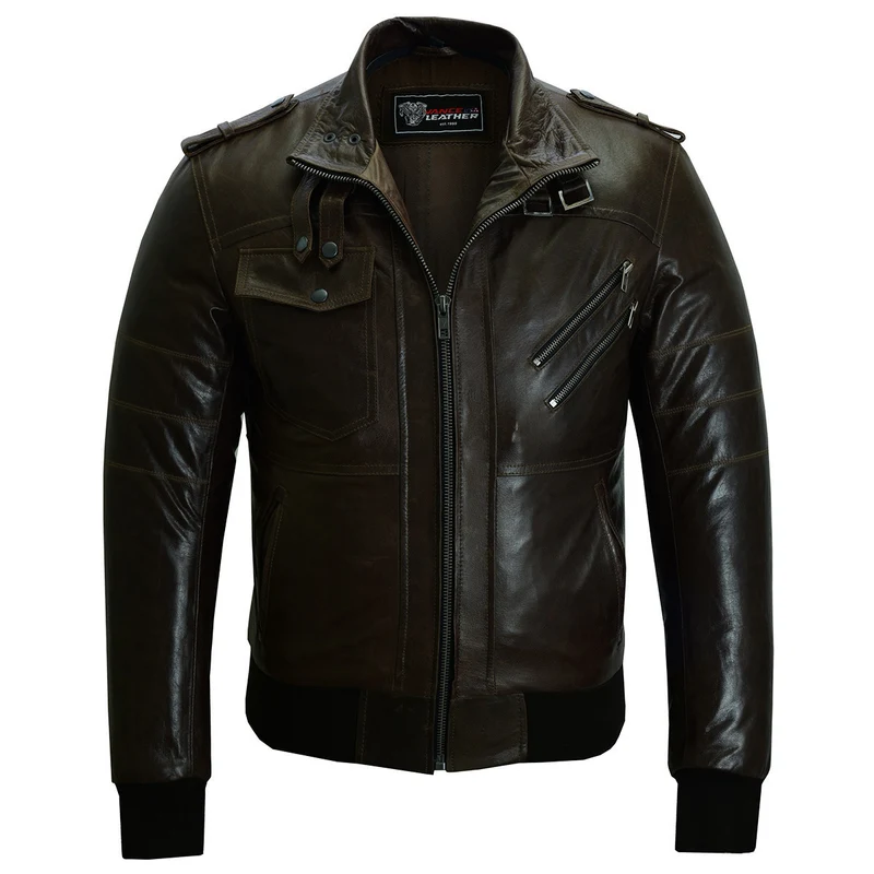 Vance Leather Mens Vincent Brown Waxed Premium Cowhide Motorcycle Leather Jacket