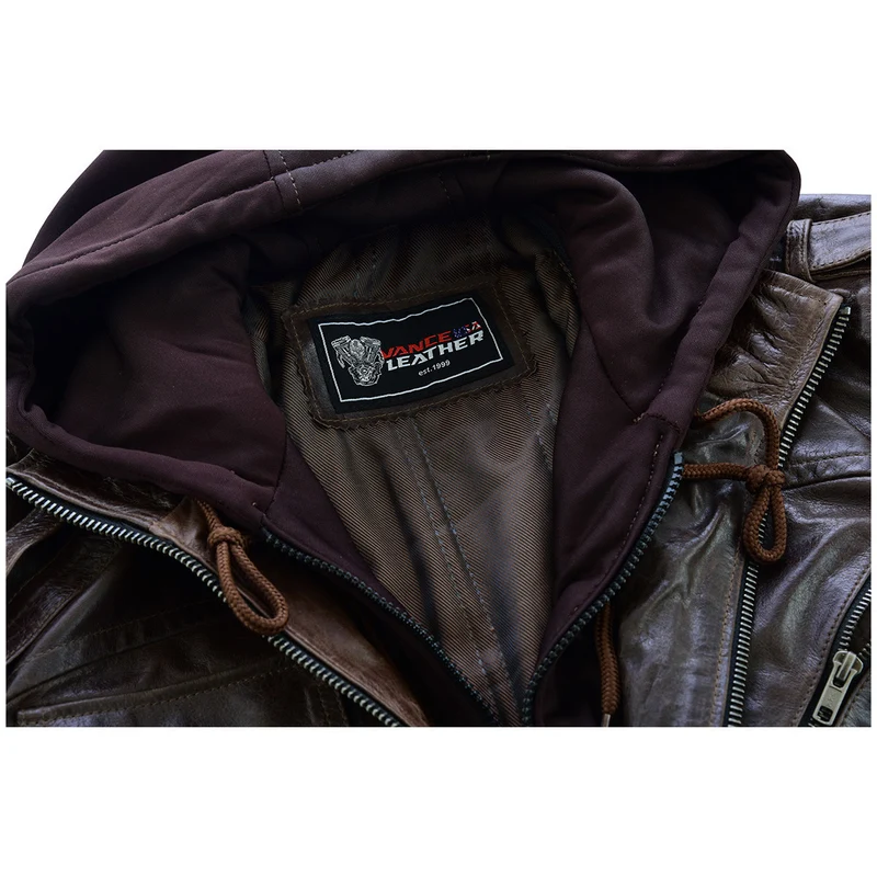 Vance Leather Mens Vincent Brown Waxed Premium Cowhide Motorcycle Leather Jacket