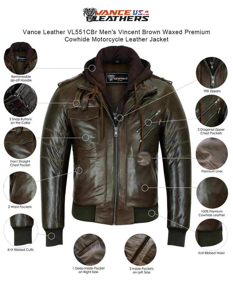 Vance Leather Mens Vincent Brown Waxed Premium Cowhide Motorcycle Leather Jacket