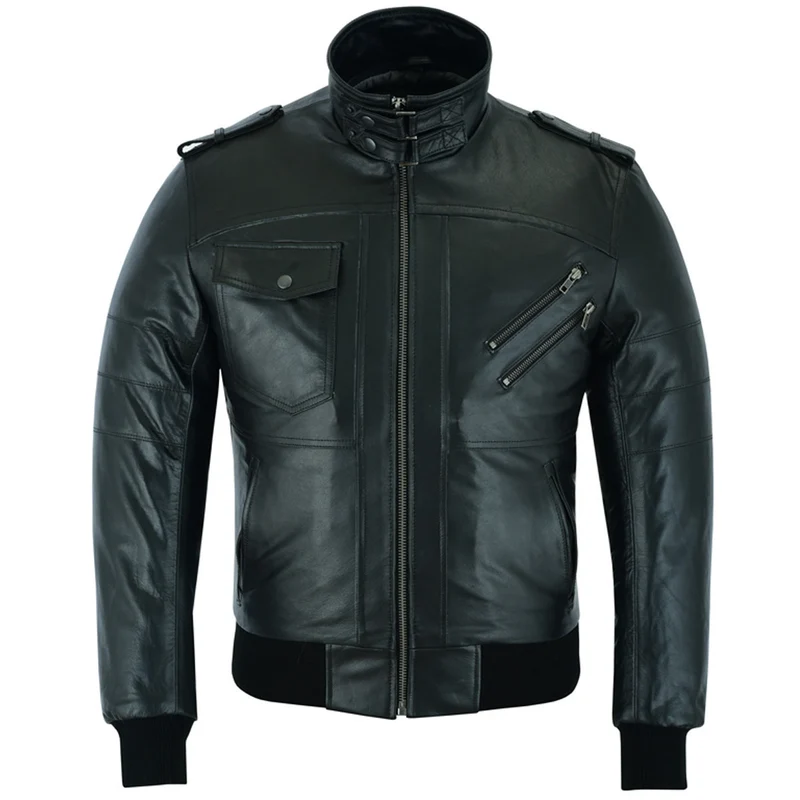 Vance Leather Mens Sven Bomber Black Waxed Premium Cowhide Motorcycle Leather Jacket with Removeable Hood