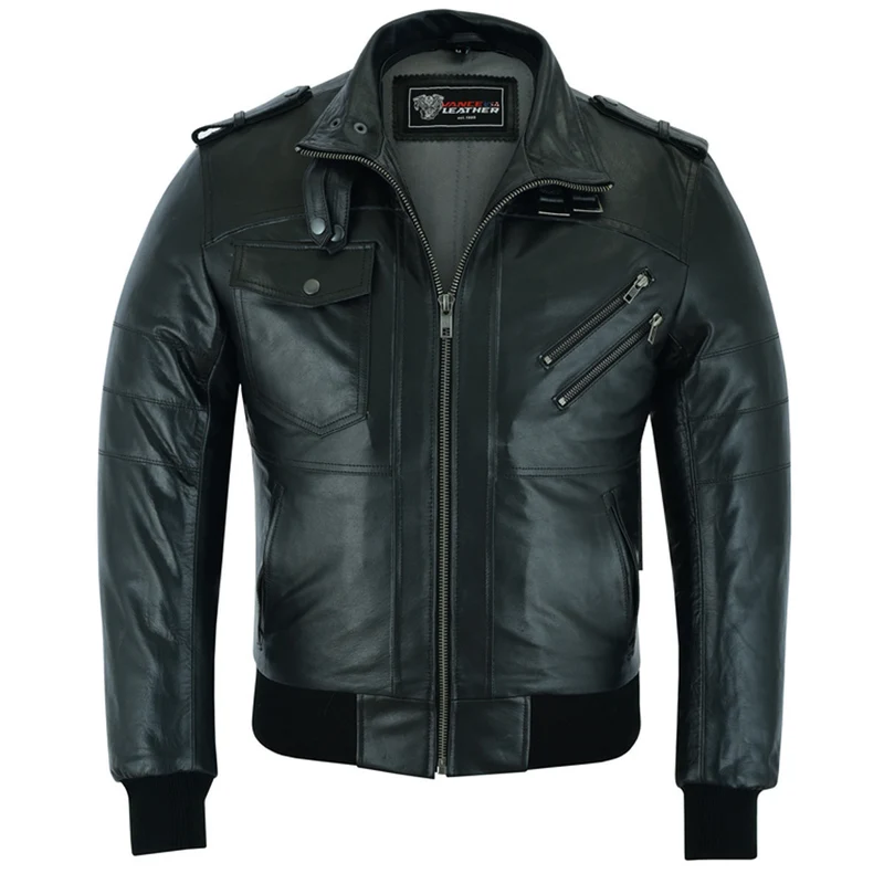 Vance Leather Mens Sven Bomber Black Waxed Premium Cowhide Motorcycle Leather Jacket with Removeable Hood