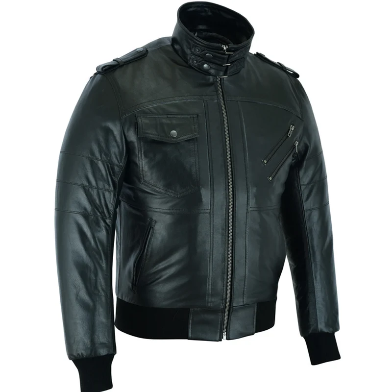 Vance Leather Mens Sven Bomber Black Waxed Premium Cowhide Motorcycle Leather Jacket with Removeable Hood