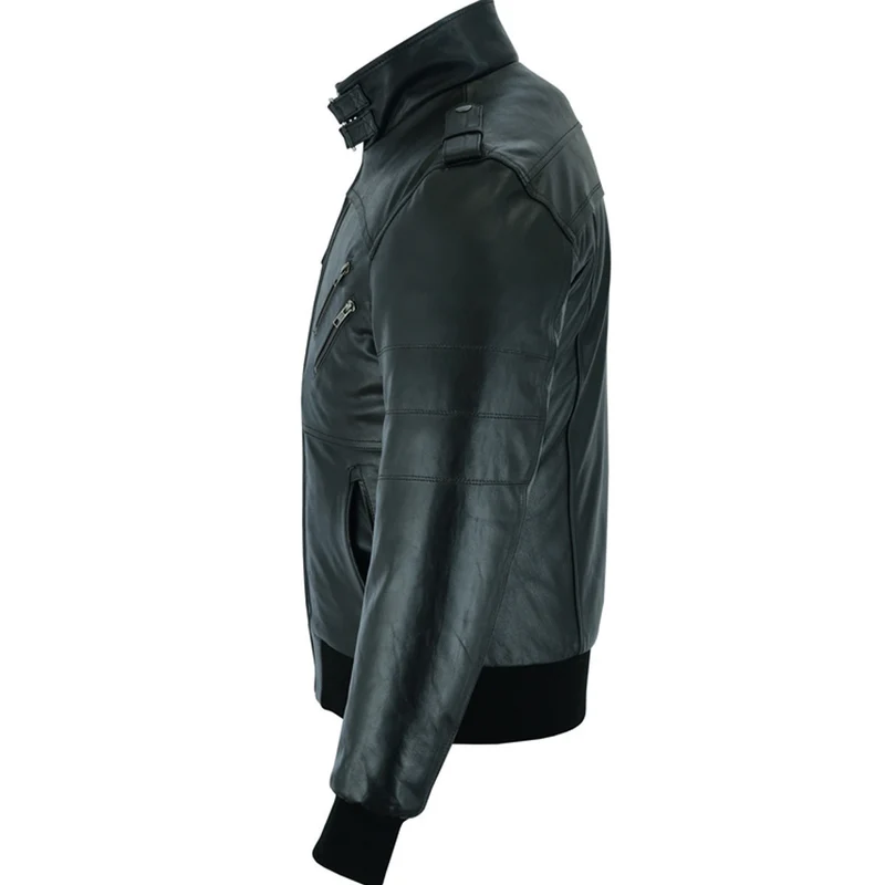 Vance Leather Mens Sven Bomber Black Waxed Premium Cowhide Motorcycle Leather Jacket with Removeable Hood