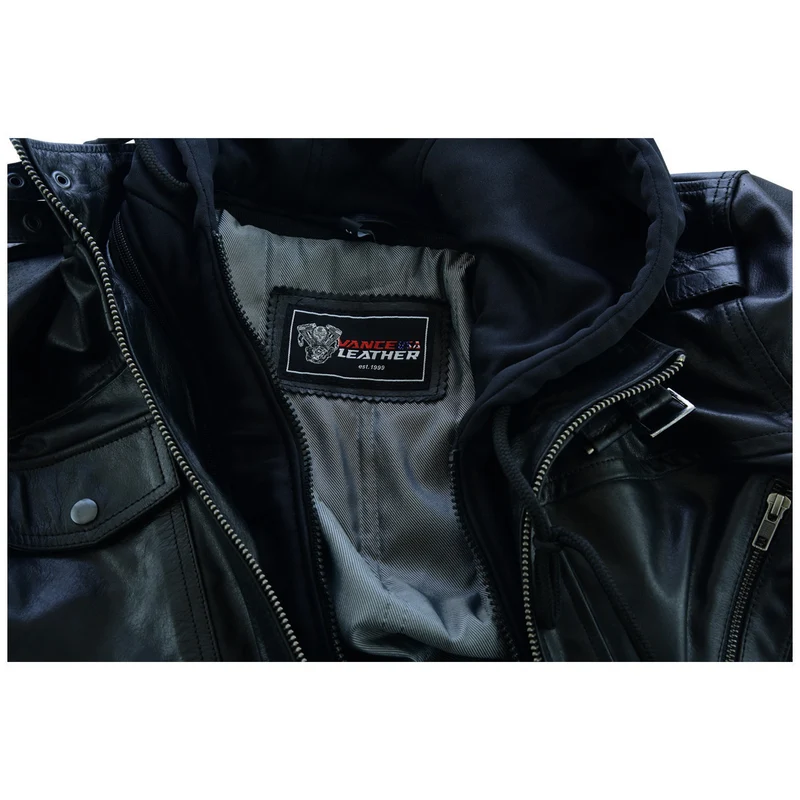 Vance Leather Mens Sven Bomber Black Waxed Premium Cowhide Motorcycle Leather Jacket with Removeable Hood