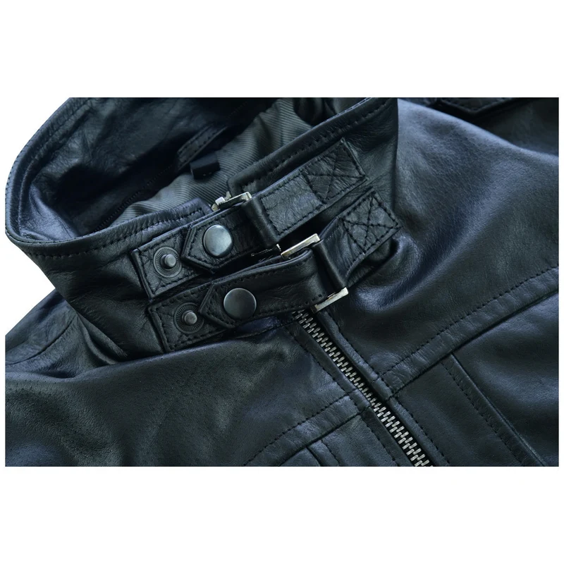 Vance Leather Mens Sven Bomber Black Waxed Premium Cowhide Motorcycle Leather Jacket with Removeable Hood