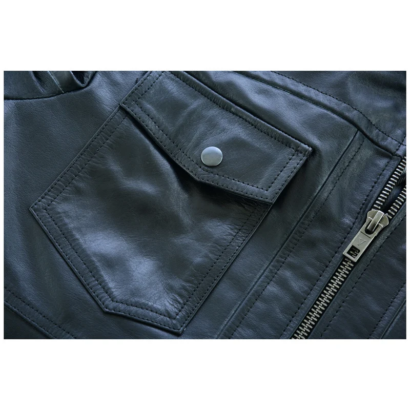 Vance Leather Mens Sven Bomber Black Waxed Premium Cowhide Motorcycle Leather Jacket with Removeable Hood