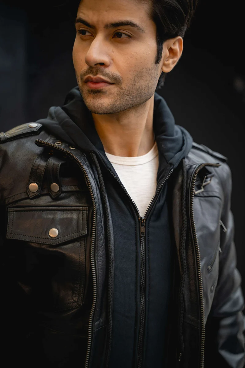 Vance Leather Mens Sven Bomber Black Waxed Premium Cowhide Motorcycle Leather Jacket with Removeable Hood