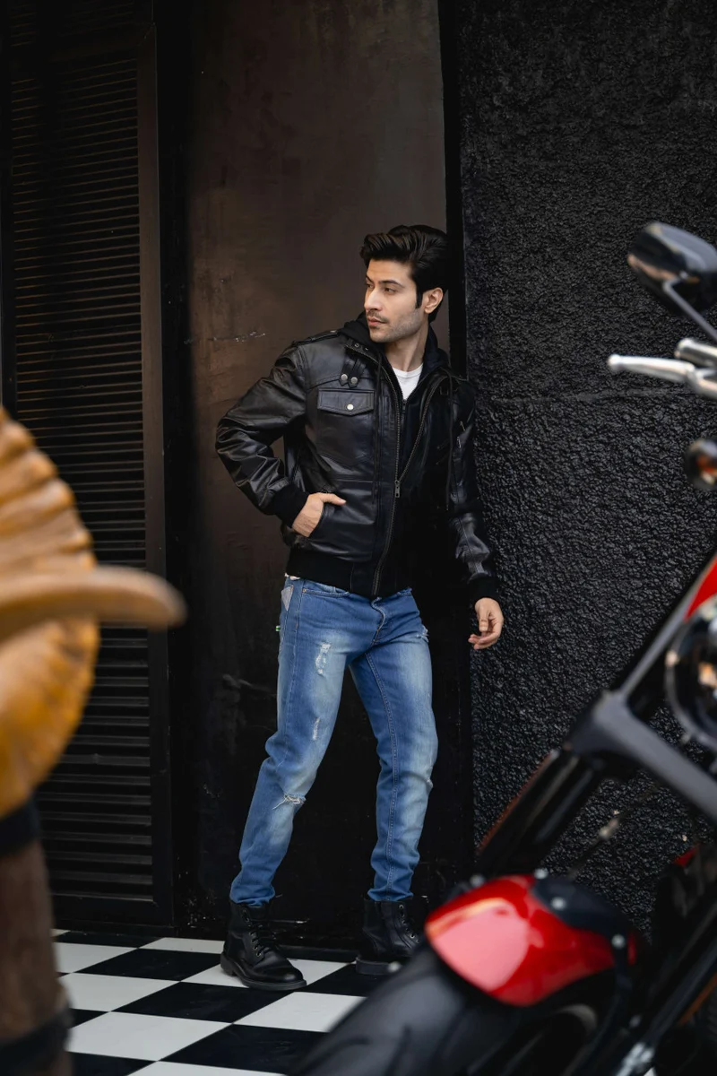 Vance Leather Mens Sven Bomber Black Waxed Premium Cowhide Motorcycle Leather Jacket with Removeable Hood