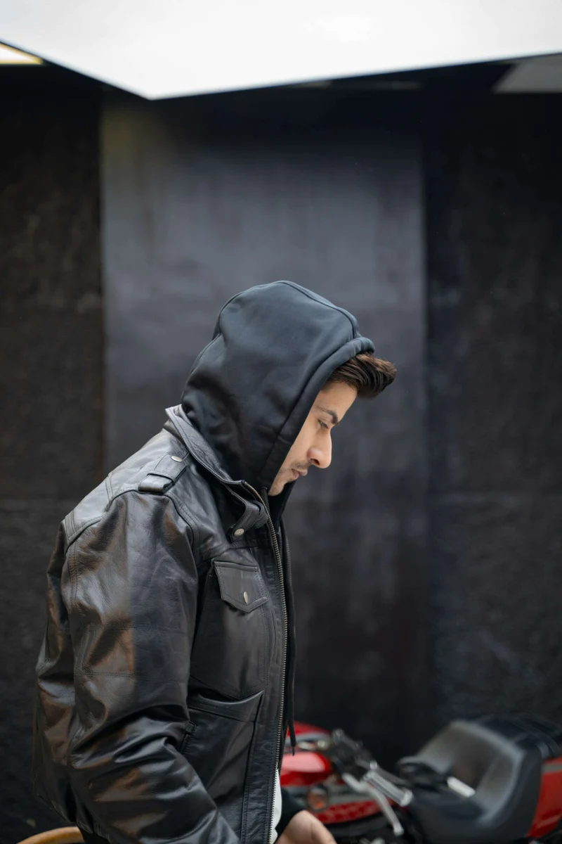 Vance Leather Mens Sven Bomber Black Waxed Premium Cowhide Motorcycle Leather Jacket with Removeable Hood