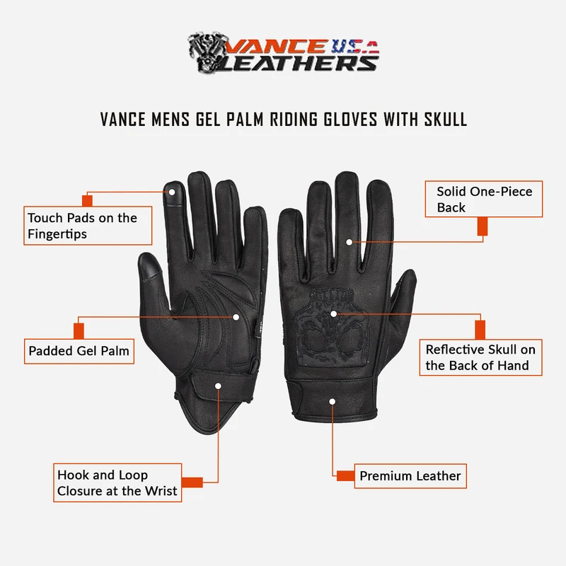Vance Leather Premium Leather Motorcycle Glove, Riding Gloves with Reflective Skull Design, Gel Palm & Touchscreen Capability